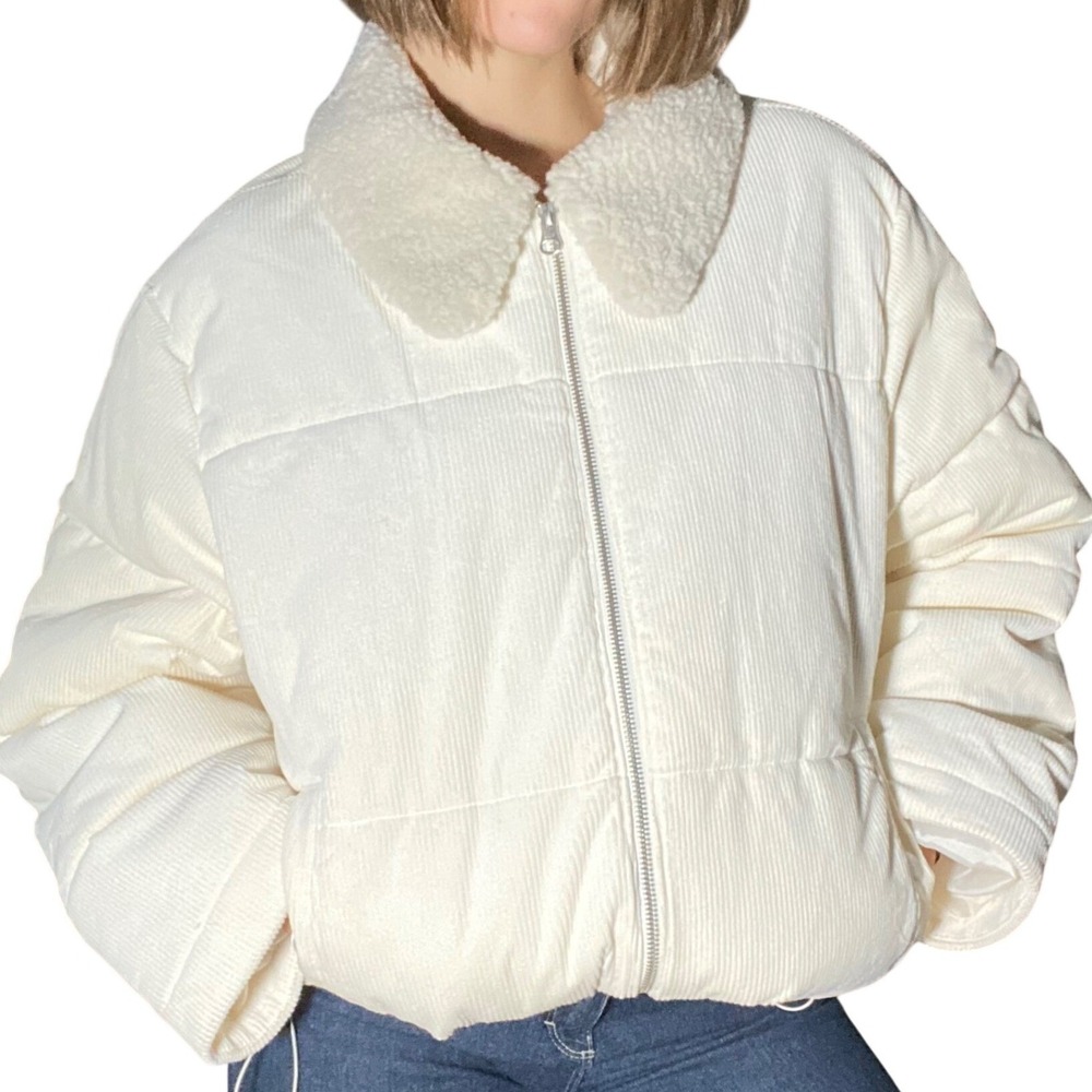 NWT SoftGirl Everyday Cream Corduroy Sherpa Collar Puffer Jacket Cinched Waist-L
